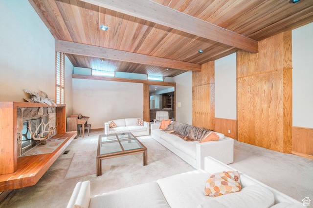 975 N 1600 E, Logan, UT 84321 - carpeted living room with a fireplace, wooden ceiling, and beam ceiling