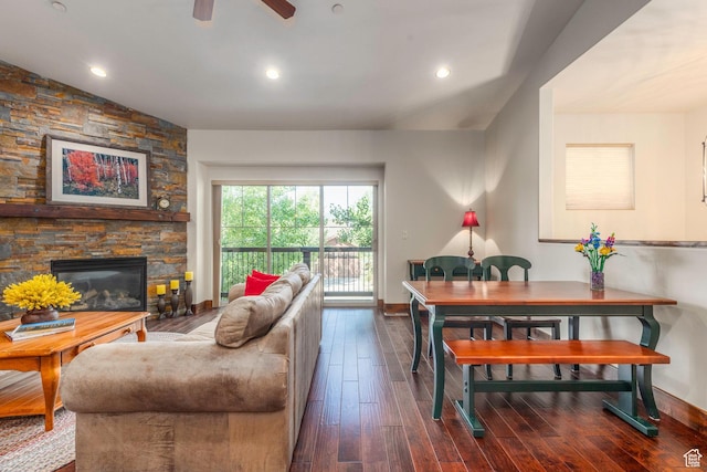 14160 N Council Fire Trl, Heber City, UT 84032 - living room featuring a stone fireplace, ceiling fan, dark wood-type flooring, baseboards, and recessed lighting