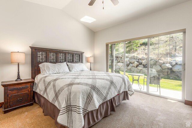 14160 N Council Fire Trl, Heber City, UT 84032 - carpeted bedroom with access to outside, vaulted ceiling, and a ceiling fan