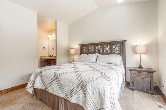 14160 N Council Fire Trl, Heber City, UT 84032 - bedroom featuring carpet flooring, vaulted ceiling, baseboards, and ensuite bath