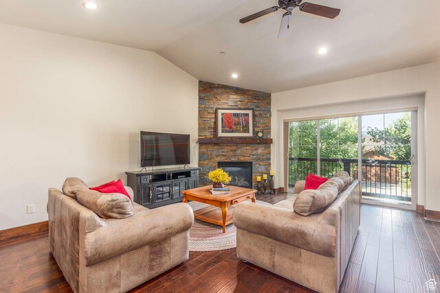 14160 N Council Fire Trl, Heber City, UT 84032 - living area featuring hardwood / wood-style floors, vaulted ceiling, ceiling fan, a fireplace, and baseboards