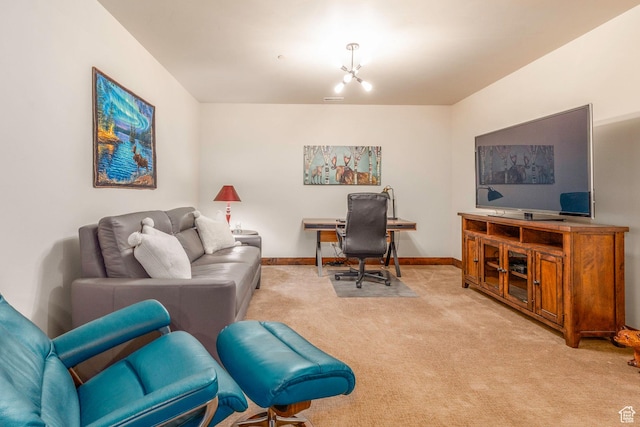 14160 N Council Fire Trl, Heber City, UT 84032 - carpeted living area with baseboards, a chandelier, and a desk
