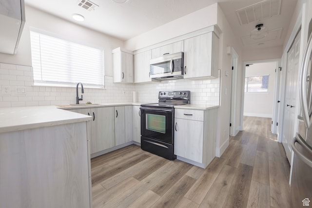 kitchen featuring sink, backsplash, stainless steel appliances, and light wood-type flooring