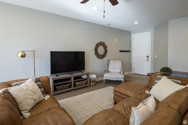 635 W 0470 N, Moab, UT 84532 - living room with ceiling fan, light colored carpet, and a textured ceiling