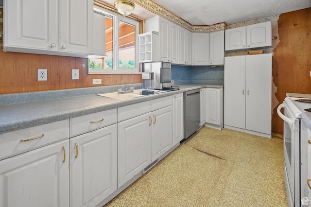 kitchen with dishwasher, white cabinetry, electric range, and light floors