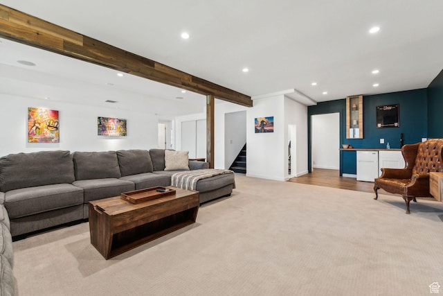 6387 Silver Sage Dr, Park City, UT 84098 - living room with light carpet and beam ceiling