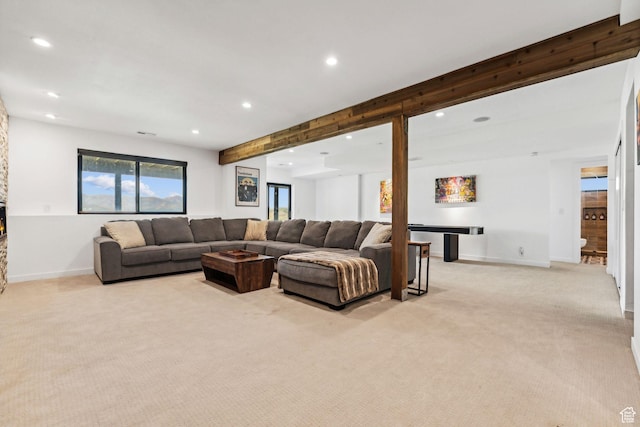 6387 Silver Sage Dr, Park City, UT 84098 - living room featuring beamed ceiling and light colored carpet