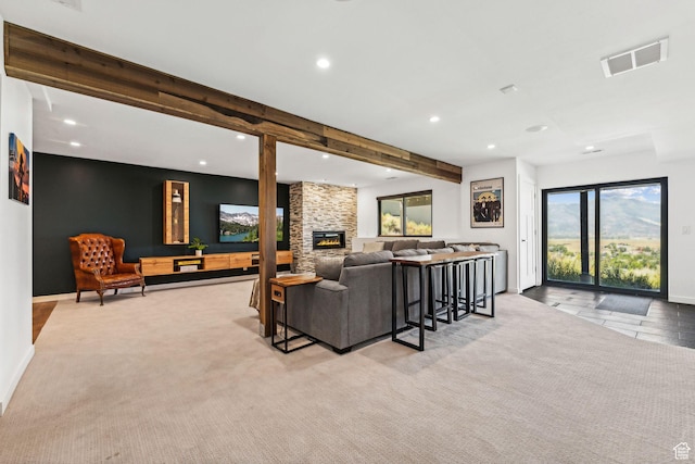 6387 Silver Sage Dr, Park City, UT 84098 - living room featuring a fireplace, beam ceiling, and light carpet