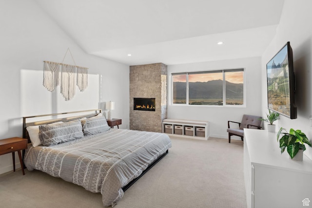 6387 Silver Sage Dr, Park City, UT 84098 - carpeted bedroom with lofted ceiling and a stone fireplace