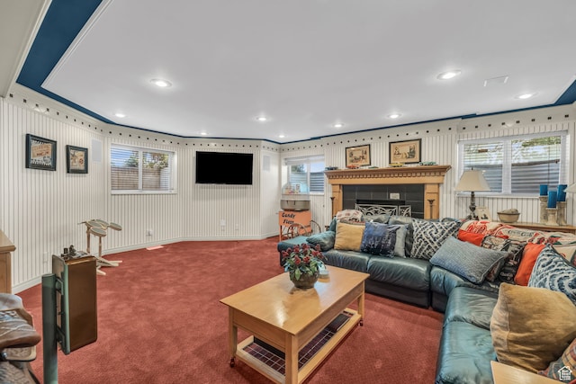 327 N 1430 E, Logan, UT 84321 - carpeted living room featuring ornamental molding and a tile fireplace