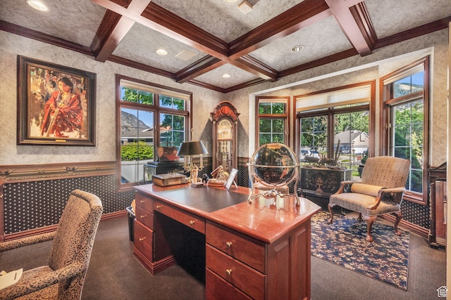327 N 1430 E, Logan, UT 84321 - home office featuring dark colored carpet, beam ceiling, coffered ceiling, and crown molding