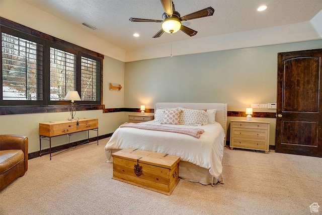 bedroom with recessed lighting, baseboards, visible vents, and carpet flooring
