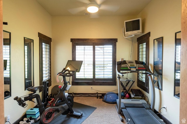 exercise area with baseboards, visible vents, a ceiling fan, and carpet flooring