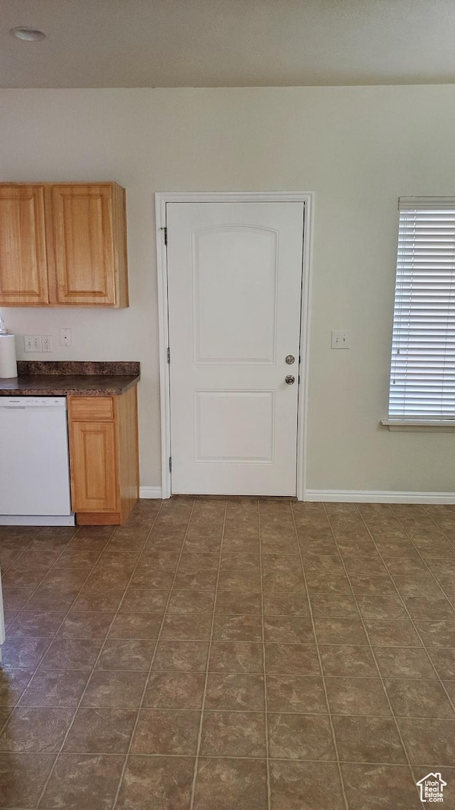 kitchen with dishwasher, dark countertops, and baseboards