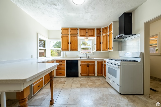 89 W 100 S, Kanab, UT 84741 - kitchen with wall chimney exhaust hood, sink, black dishwasher, white range with gas cooktop, and light tile patterned floors