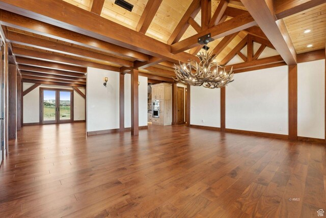 5605 N Johnson Canyon Rd, Kanab, UT 84741 - unfurnished living room featuring a chandelier, baseboards, and wooden ceiling