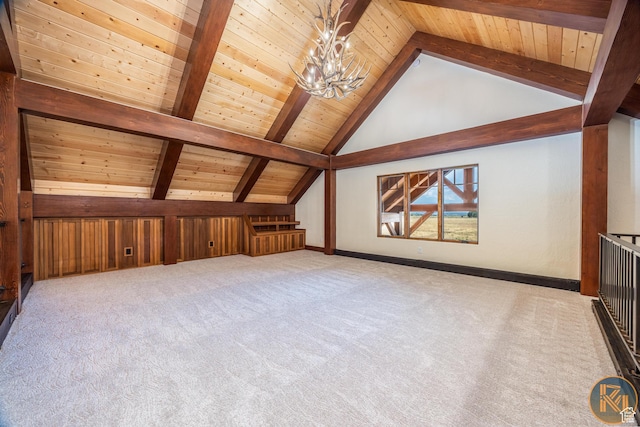 5605 N Johnson Canyon Rd, Kanab, UT 84741 - additional living space with carpet floors, wood ceiling, a chandelier, and baseboards