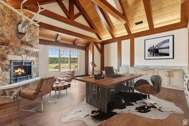 5605 N Johnson Canyon Rd, Kanab, UT 84741 - office with hardwood / wood-style floors, a fireplace, and wooden ceiling