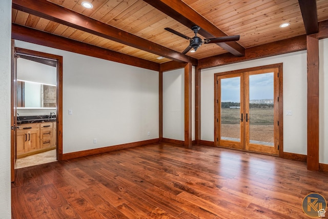 5605 N Johnson Canyon Rd, Kanab, UT 84741 - empty room featuring french doors, wooden ceiling with exposed beams, healthy amount of natural light, dark wood finished floors, and baseboards