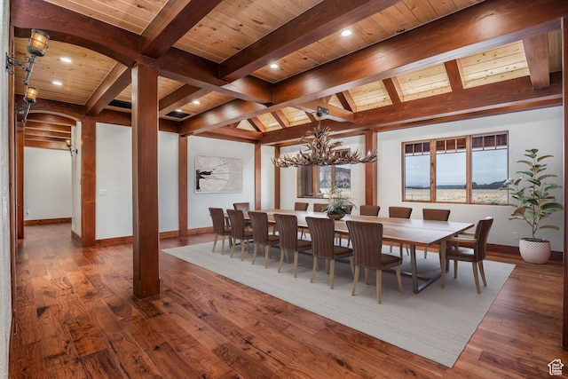 5605 N Johnson Canyon Rd, Kanab, UT 84741 - dining area with baseboards, wood finished floors, wooden ceiling with exposed beams, a chandelier, and ornate columns