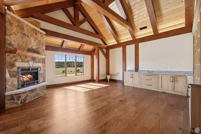5605 N Johnson Canyon Rd, Kanab, UT 84741 - unfurnished living room with a fireplace, dark wood-type flooring, wood ceiling, and baseboards
