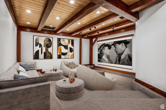 5605 N Johnson Canyon Rd, Kanab, UT 84741 - cinema with carpet floors, wood ceiling with exposed beams, recessed lighting, and baseboards
