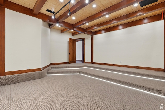 5605 N Johnson Canyon Rd, Kanab, UT 84741 - unfurnished room featuring wooden ceiling with exposed beams, carpet floors, baseboards, and recessed lighting