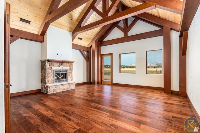 5605 N Johnson Canyon Rd, Kanab, UT 84741 - unfurnished living room with a fireplace, wood finished floors, wood ceiling with exposed beams, baseboards, and high vaulted ceiling