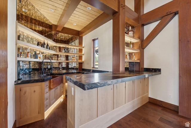 5605 N Johnson Canyon Rd, Kanab, UT 84741 - indoor wet bar featuring wooden ceiling with exposed beams, dark wood-type flooring, and baseboards