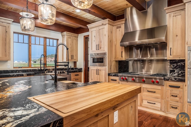 5605 N Johnson Canyon Rd, Kanab, UT 84741 - kitchen with wooden ceiling with exposed beams, wall chimney exhaust hood, decorative backsplash, stainless steel appliances, and light brown cabinetry