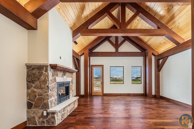 5605 N Johnson Canyon Rd, Kanab, UT 84741 - unfurnished living room featuring dark wood-style floors, a fireplace, baseboards, and wooden ceiling