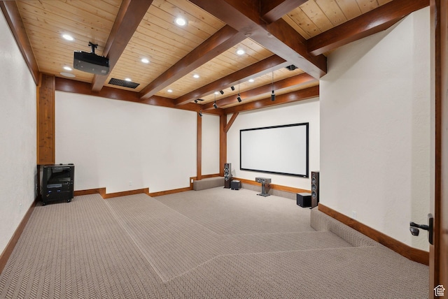 5605 N Johnson Canyon Rd, Kanab, UT 84741 - carpeted home theater featuring wood ceiling with exposed beams, recessed lighting, and baseboards
