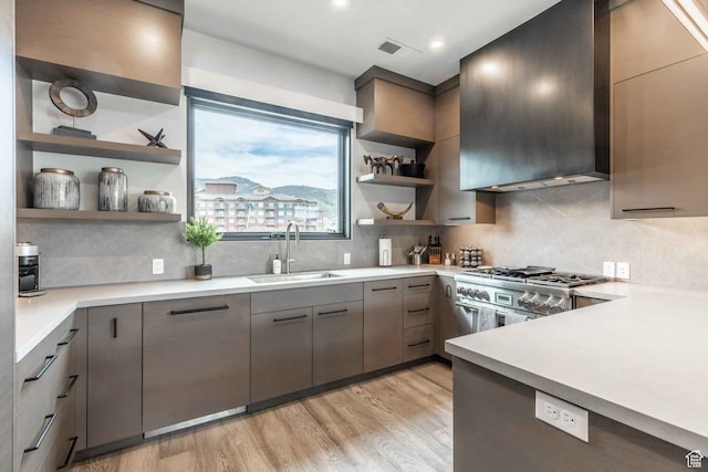 3599 Ridgeline Dr Unit 2, Park City, UT 84098 - kitchen featuring decorative backsplash, light hardwood / wood-style floors, sink, and range with two ovens