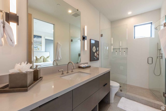 3599 Ridgeline Dr Unit 2, Park City, UT 84098 - bathroom featuring vanity, an enclosed shower, tile patterned flooring, and toilet