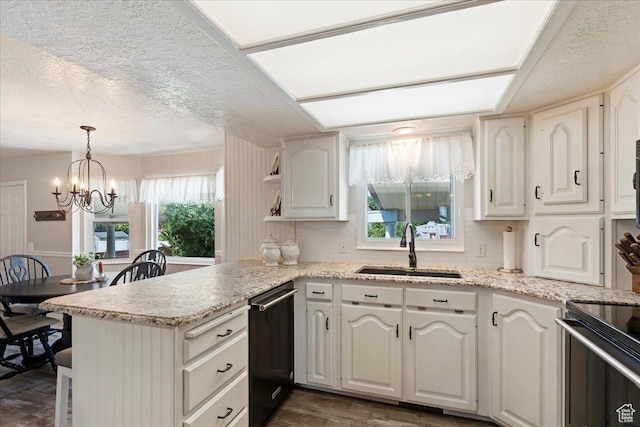 1154 W 1700 S, Syracuse, UT 84075 - kitchen featuring a notable chandelier, black / electric stove, a peninsula, dark wood-style floors, and a sink
