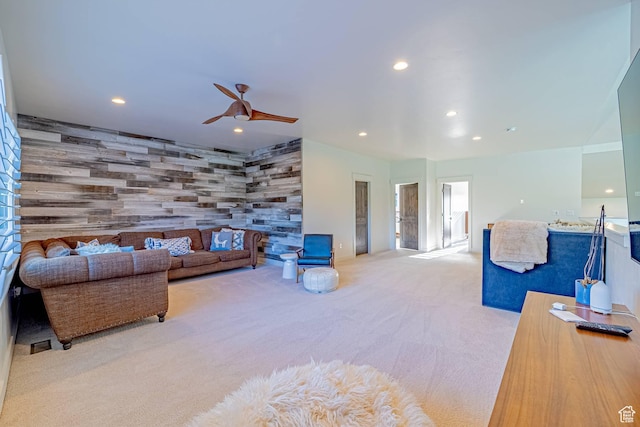 1120 N 520 W Unit 1, Midway, UT 84049 - carpeted living area with an accent wall, a ceiling fan, and recessed lighting