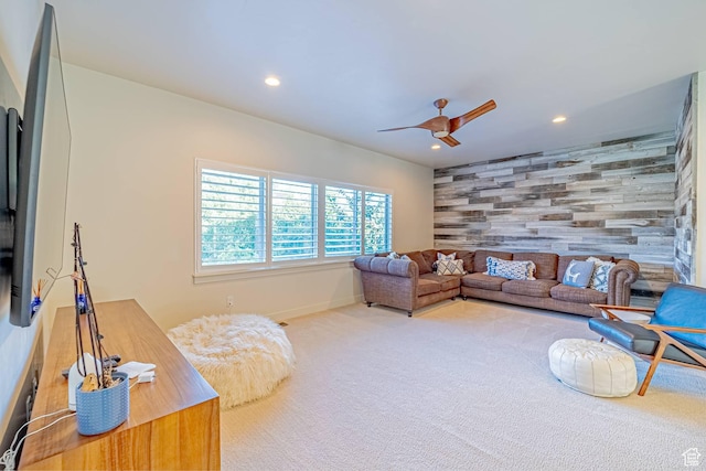1120 N 520 W Unit 1, Midway, UT 84049 - carpeted living room featuring recessed lighting, an accent wall, wood walls, a ceiling fan, and baseboards