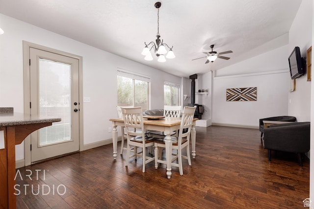 267 N 250 W, La Verkin, UT 84745 - dining room with baseboards, ceiling fan with notable chandelier, dark wood finished floors, and vaulted ceiling