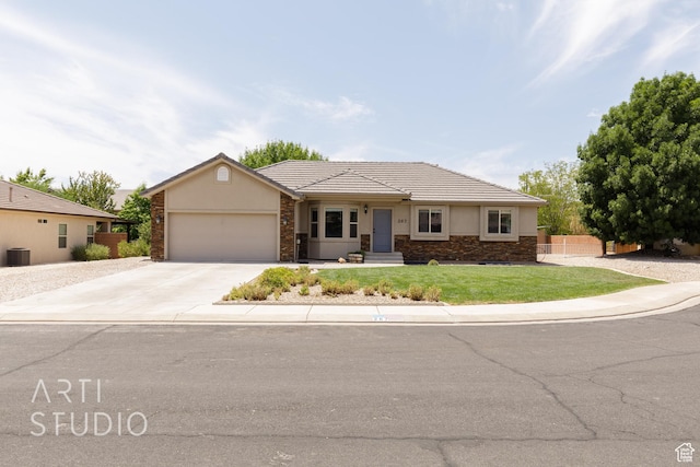 ranch-style home with fence, concrete driveway, stucco siding, stone siding, and an attached garage