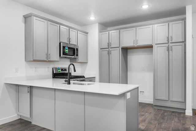 1791 N 180 E, Heber City, UT 84032 - kitchen with stainless steel appliances, gray cabinets, a peninsula, dark wood-style flooring, and a sink
