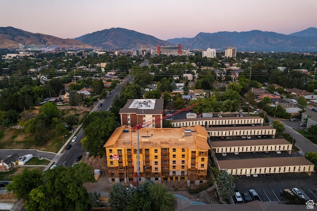 aerial view at dusk with a mountain view