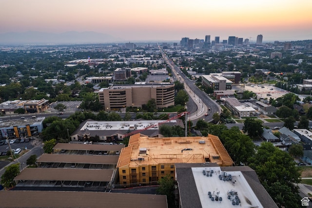view of aerial view at dusk