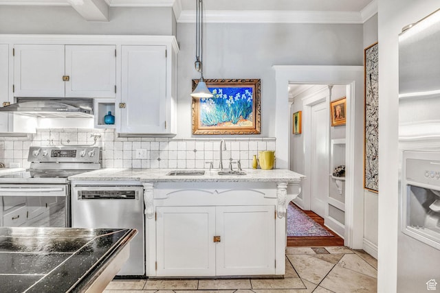 kitchen with pendant lighting, premium range hood, white cabinets, and appliances with stainless steel finishes