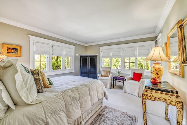 carpeted bedroom with crown molding and multiple windows