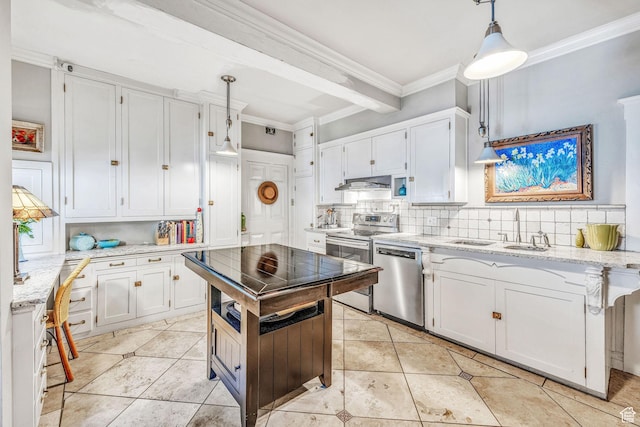kitchen featuring white cabinetry, appliances with stainless steel finishes, ornamental molding, and decorative light fixtures