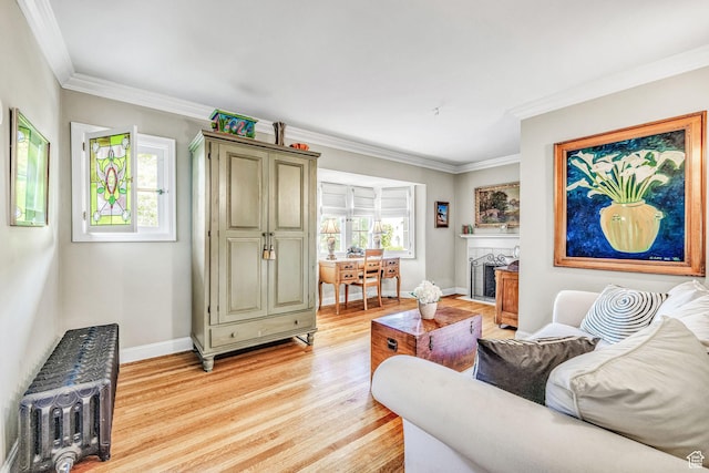 living room with ornamental molding and light wood-type flooring