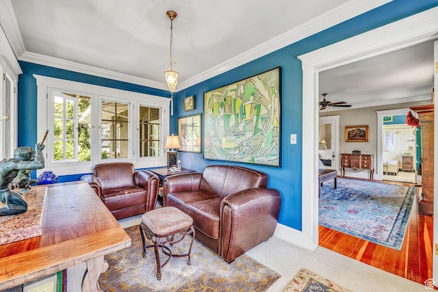 interior space featuring crown molding, ceiling fan, and hardwood / wood-style floors