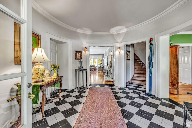corridor featuring ornamental molding