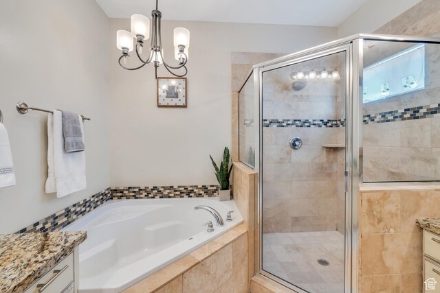 7078 N Sierra Way E, Eagle Mountain, UT 84005 - bathroom with vanity, separate shower and tub, and an inviting chandelier