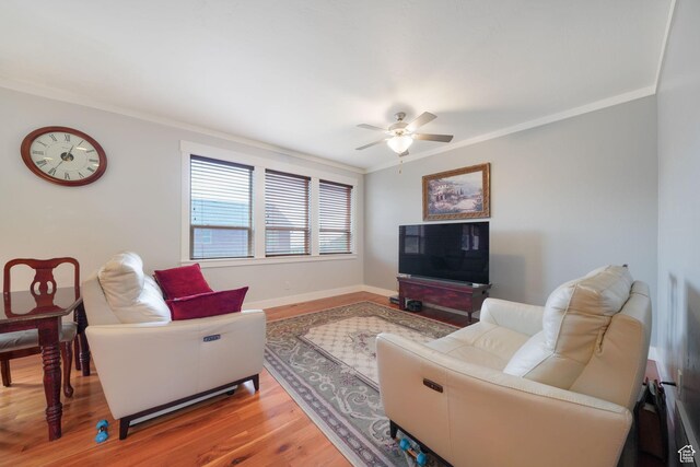 1566 E 300 S, Pleasant Grove, UT 84062 - living room with light wood-style floors, baseboards, crown molding, and ceiling fan